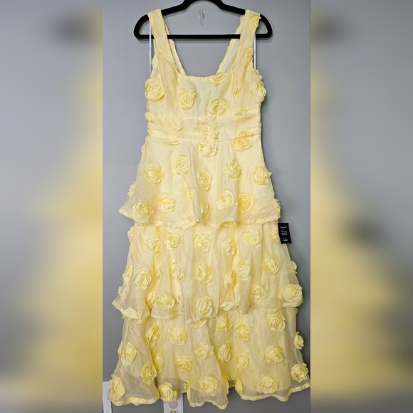 Lulus Exceptional Entrance Yellow Sleeveless Tiered Rosette Midi Dress, Medium - Picture 9 of 11